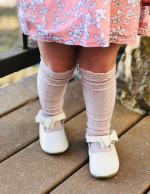 Childrens Cable Knit Scalloped Knee High Socks - Dusty Rose