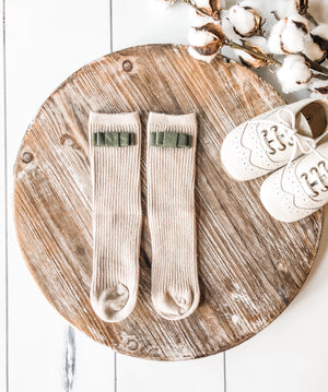 Penelope Knee High Socks - Brown Sugar Sock With Forest Green Velvet Bow