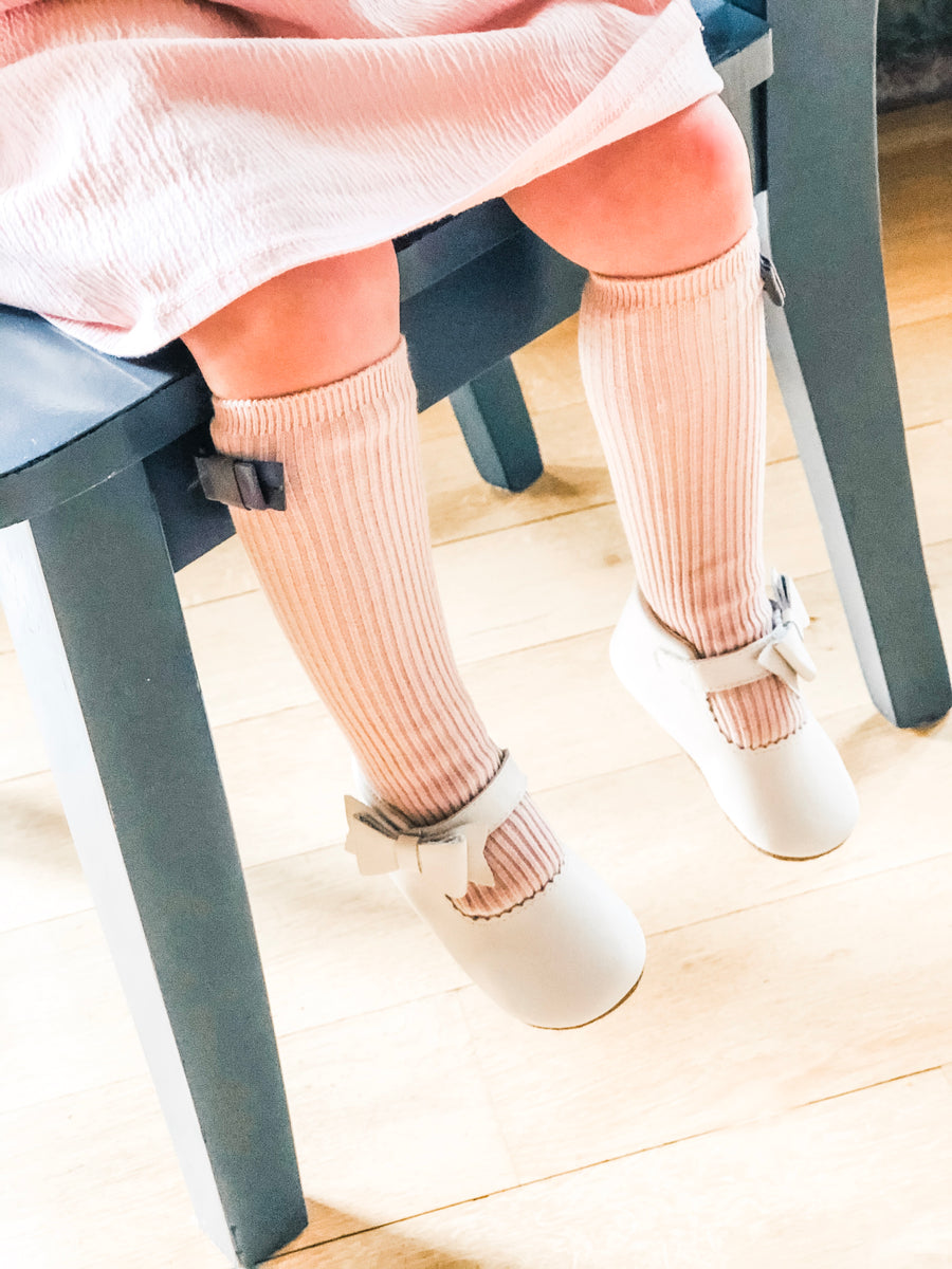 Penelope Knee High Socks - Dusty Rose Sock With Vintage Taupe Velvet Bow