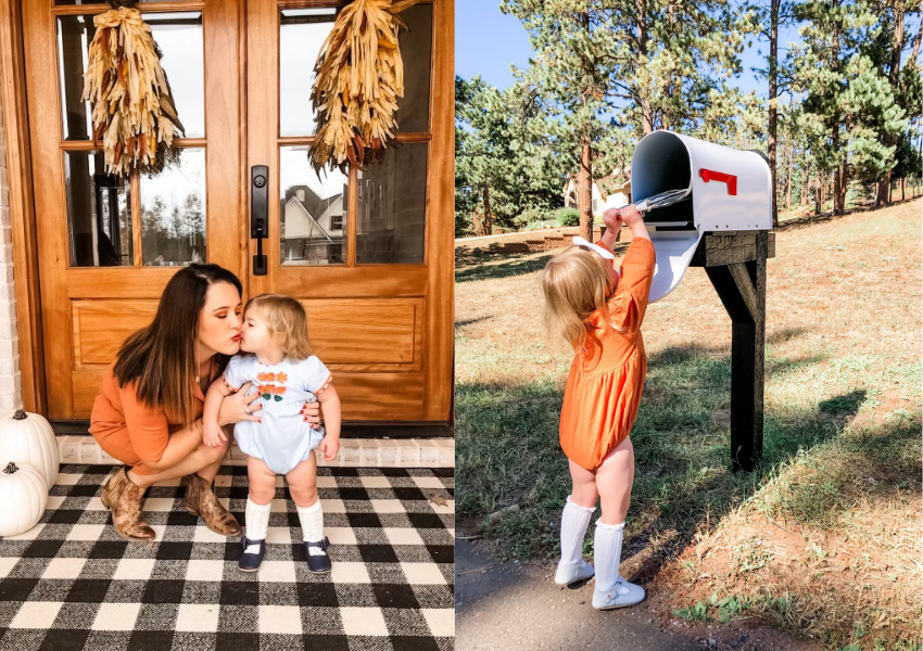 Woman kissing a baby on a porch with pumpkins, and a child playing with a mailbox outdoors.