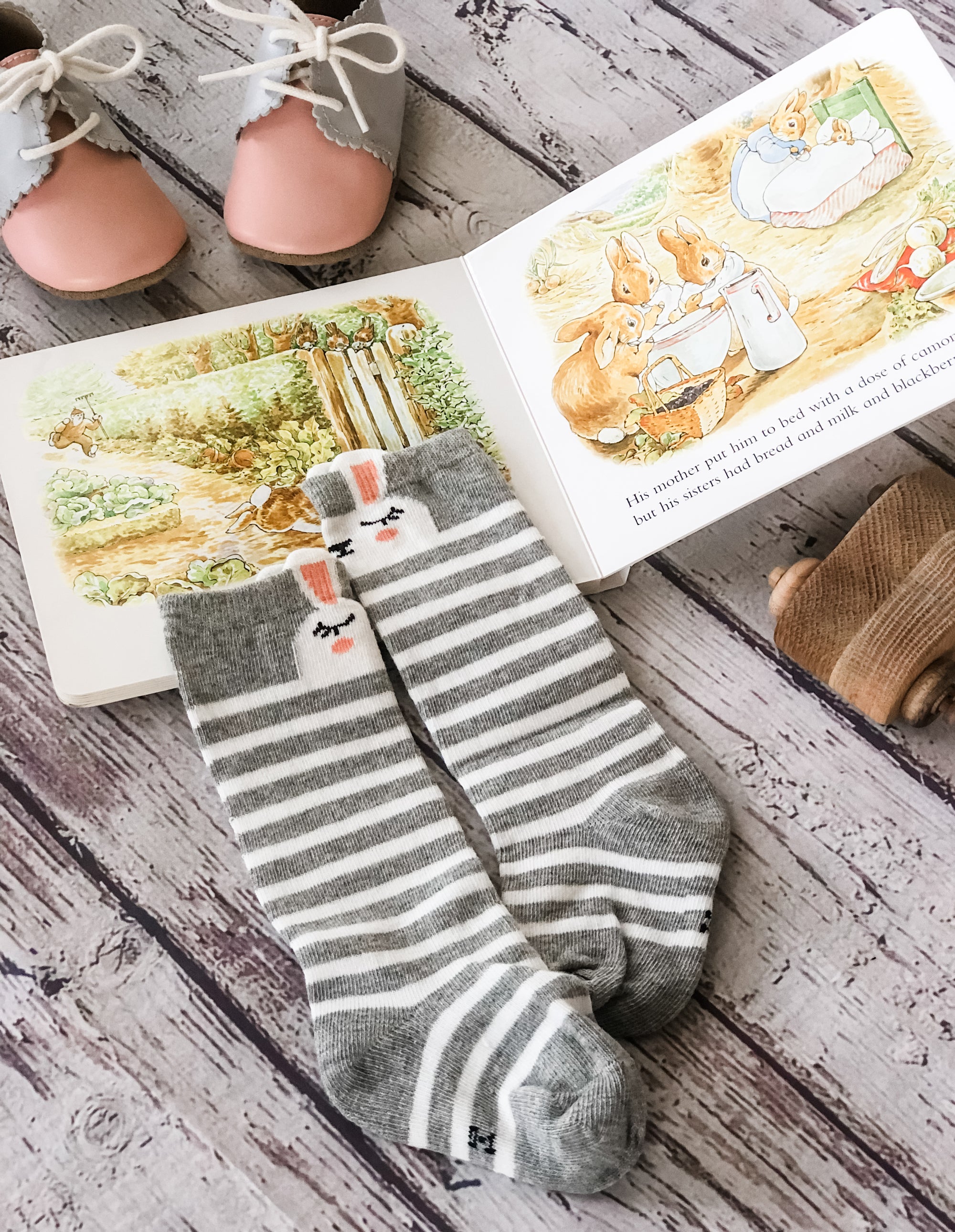 Tilly Rabbit Knee High Socks with heather grey and white stripes, featuring a sweet bunny face—perfect for little ones! Soft, cozy, and vintage-inspired