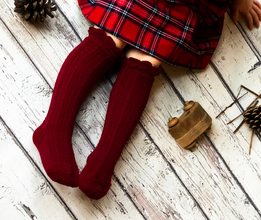 Childrens Cable Knit Ruffle Top Knee High Socks - Apple Cinnamon