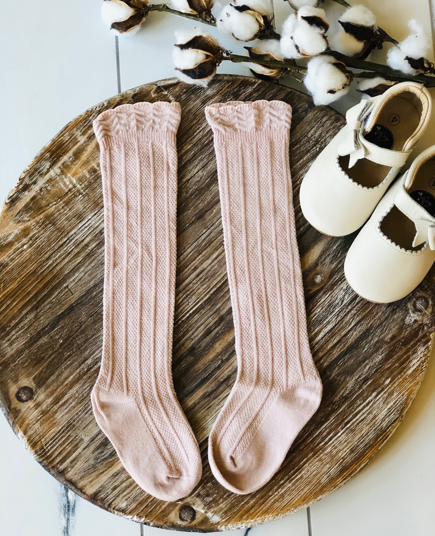 Childrens Cable Knit Scalloped Knee High Socks - Dusty Rose