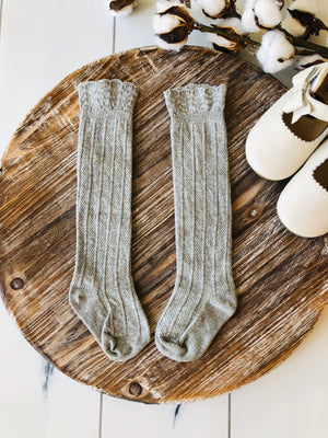Childrens Cable Knit Scalloped Knee High Socks - Hampton Grey