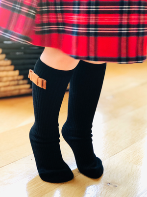 Penelope Knee High Socks - Urban Black With Chestnut Brown Velvet Bow