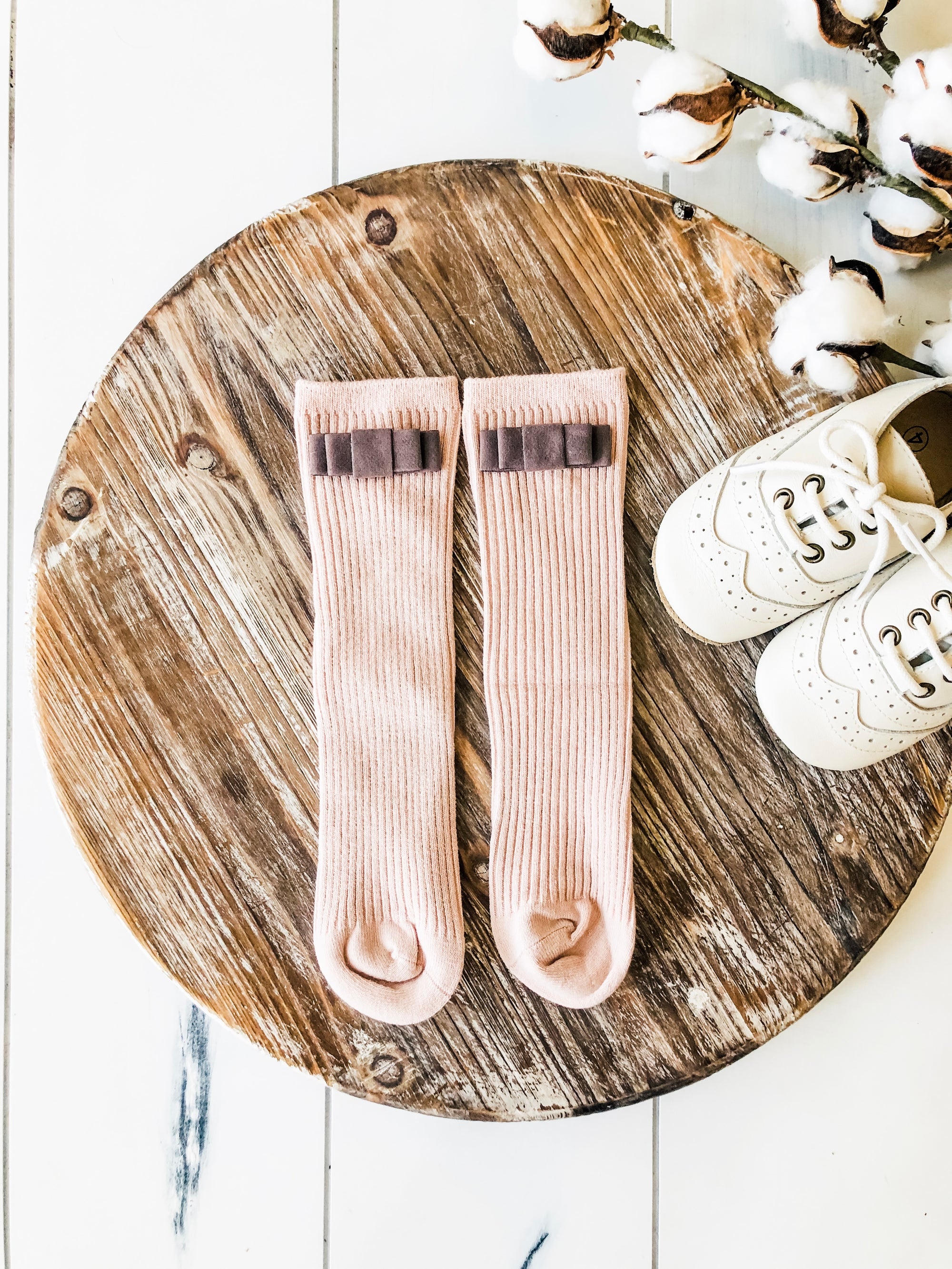 Penelope Knee High Socks - Dusty Rose Sock With Vintage Taupe Velvet Bow