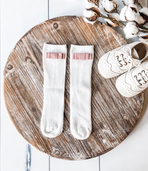 Penelope Knee High Socks - Cottage White Sock With Frosted Rose Velvet Bow