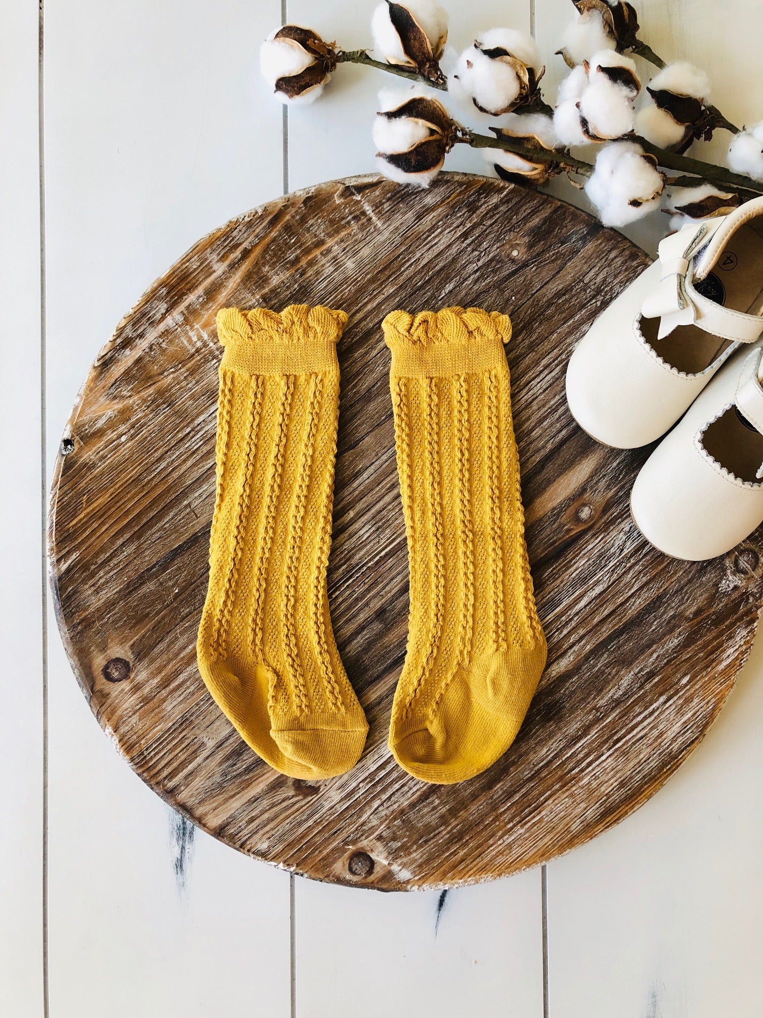 Childrens Ruffle Top Cable Knit Knee High Socks - Butterscotch